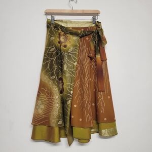 Bohemian Floral Wrap Midi Skirt in Olive and Rust